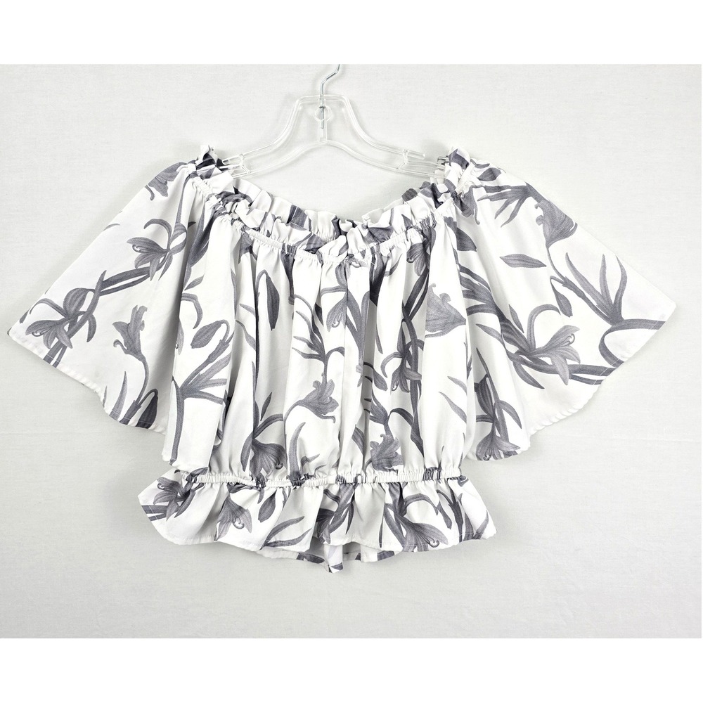 She + Sky Ruffle Off-the-shoulder Short Sleeve Cropped Top Floral Black White L